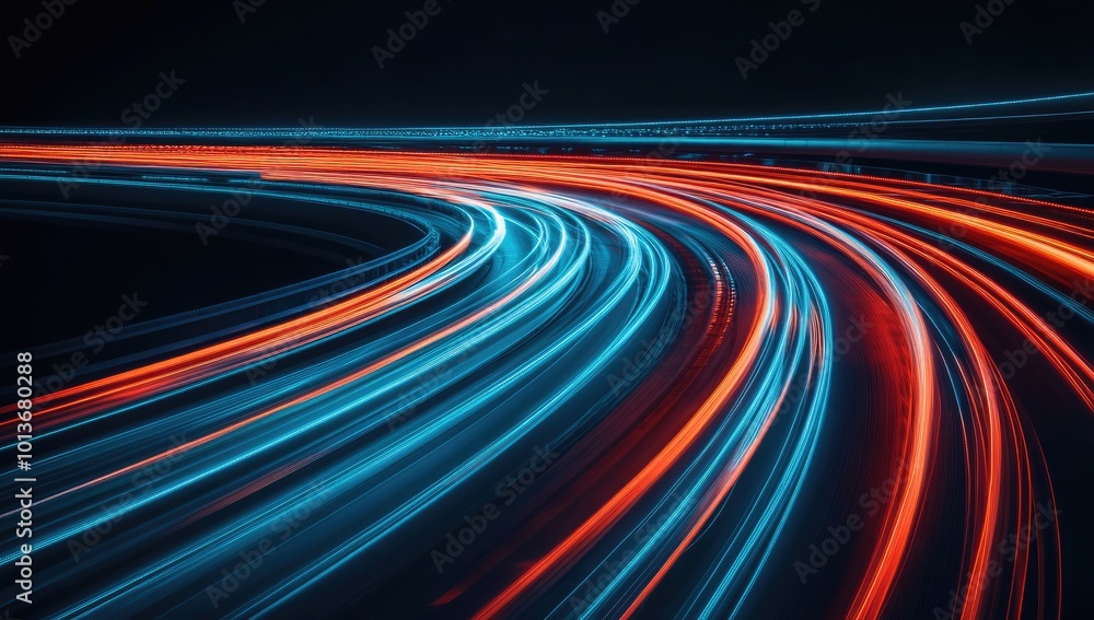 Poster a dynamic long exposure image capturing colorful light trails on a winding road.