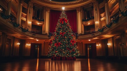 Obraz premium A large Christmas tree in the lobby of a grand theater, ready for a holiday performance.