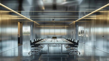 Minimalist stainless steel conference room with sleek design and glass walls