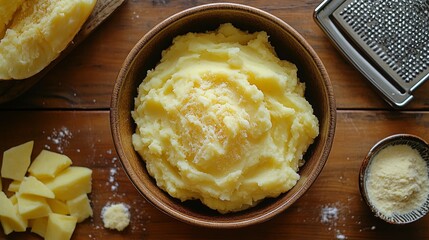 A bowl of mashed potatoes with grated parmesan cheese on a wooden table.