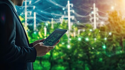 A man in a suit analyzes data on a tablet outdoors, surrounded by green nature and electric power lines.