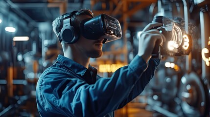 A young Caucasian male explores a virtual reality environment wearing a VR headset and headphones.