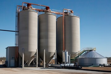 Obraz premium Vast Concrete Industrial Silos with Copper Tubing in a Biofuel Production Facility