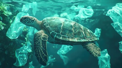 Obraz premium A majestic sea turtle glides gracefully through crystal-clear waters amidst vibrant aquatic life.