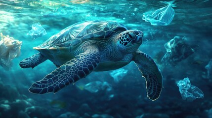 Obraz premium A majestic sea turtle gliding gracefully underwater, surrounded by plastic waste, highlighting marine pollution issues.