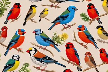 Obraz premium Delightful Array of Finch Birds Perched on Neutral Surface in Vibrant Colours