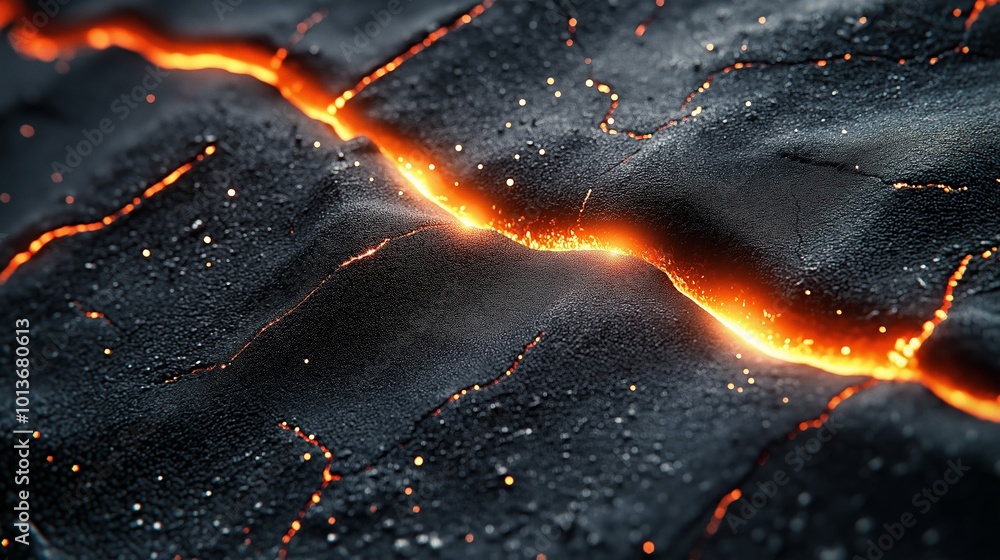 Wall mural abstract black surface with fire hot lava appearing in the cracks