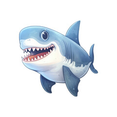 Smiling blue shark with white teeth, water splash background. Ideal for ocean themed designs, children's illustrations, and marine conservation materials. Generative AI