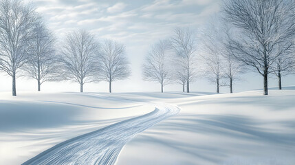 Fototapeta premium 3D Plain White Winter Pathway Through Snow-Covered Trees with Ample Copy Space for Banners - Minimalistic Winter Scene in Wide Angle