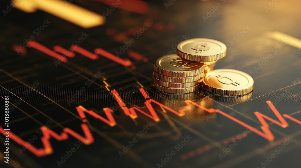 Poster a close-up of shiny gold coins stacked on a textured background featuring fluctuating financial grap