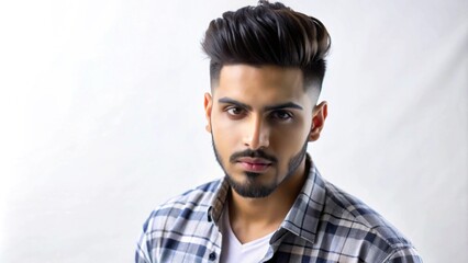 Fototapeta premium A young man with a beard and stylish haircut looking directly at the camera.