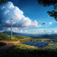 Serene Wind Turbines and Solar Panels Landscape