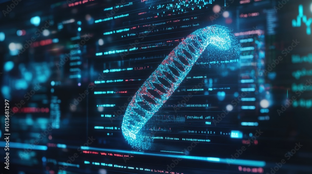 Poster a digital representation of a dna strand illuminated against a backdrop of advanced data analytics.