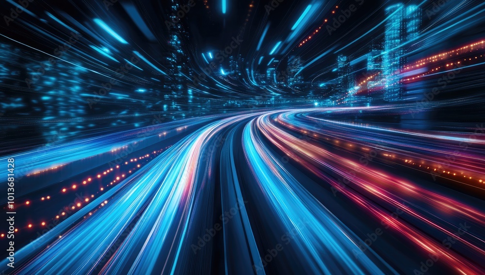 Poster a dynamic, futuristic scene depicting vibrant light trails in an urban environment.