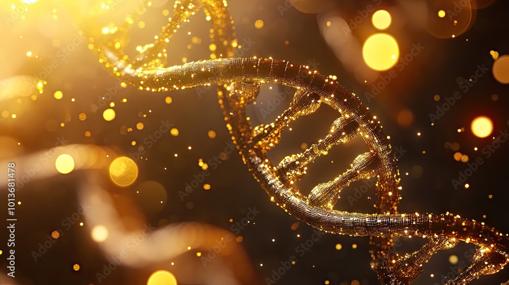 Poster a stunning close-up of a golden dna double helix against a dark background, illuminated by shimmerin