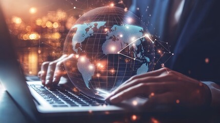 A businessman of unspecified ethnicity using a laptop with a digital globe overlay, symbolizing global connectivity.