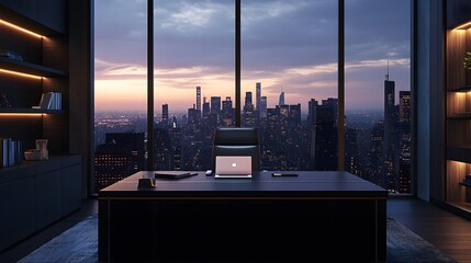 Dark business interior showcasing a CEO desk placed near a panoramic window