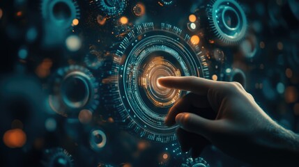 A close-up of a male hand interacting with a futuristic digital interface filled with glowing circuits and circular patterns.