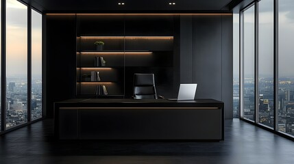 Dark business interior showcasing a CEO desk placed near a panoramic window