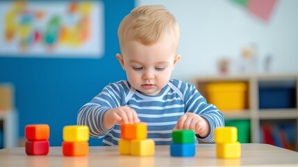 Caucasian boy in preschool assembling a pyramid toy, actively engaging in play and learning with peers in a colorful and stimulating classroom environment