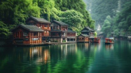 Fototapeta premium Traditional Chinese Water Village with Boats and Lush Foliage