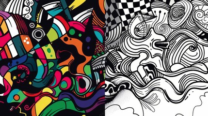 Random patterns, doodles, half coloring page in black and white, half colored, artistic contrast, creative design