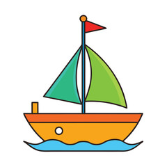 Colorful sailboat vector illustration with bold shapes, bright colors, and playful design.
Minimalist sailboat vector with orange body, green sails, and blue waves for children’s graphics.