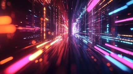 A vibrant, abstract representation of digital space with colorful light streaks.