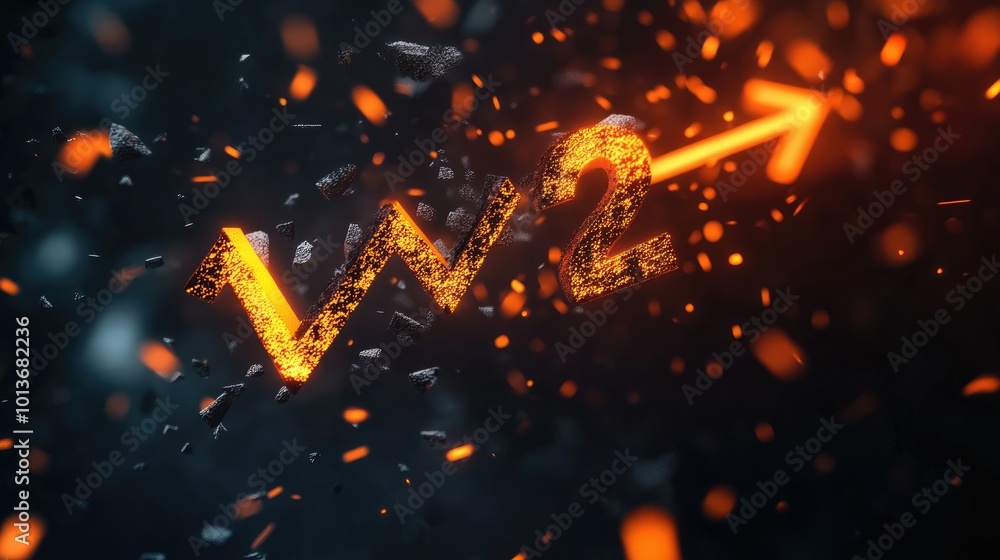 Poster a dynamic w2 symbol surrounded by glowing debris, symbolizing transformation and growth in a fiery b