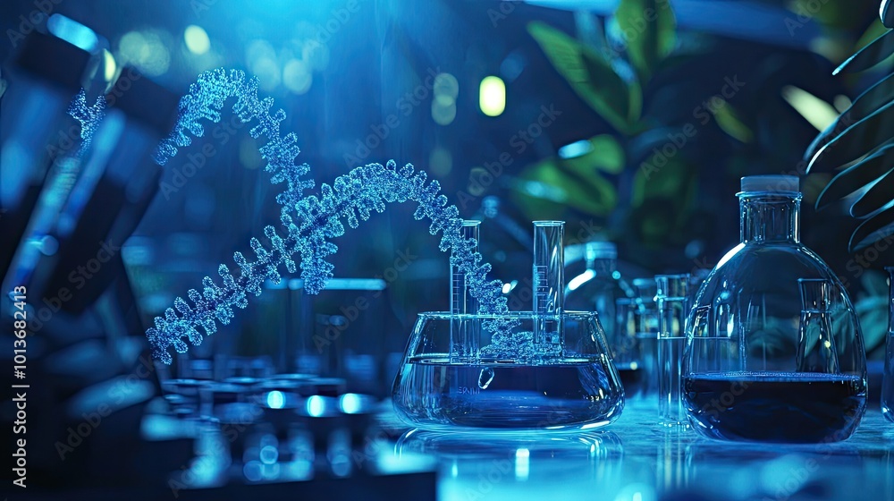 Poster close-up of laboratory equipment with bubbling liquids, showcasing a science experiment in a vibrant