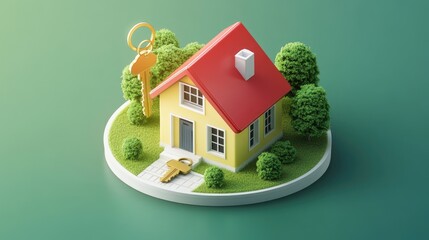 A colorful model house with a red roof and keys, symbolizing homeownership and real estate dreams.