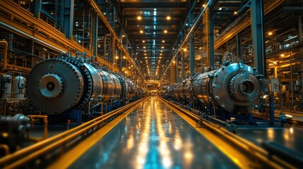 Obraz premium Illuminated Industrial Hallway with Machinery and Reflections