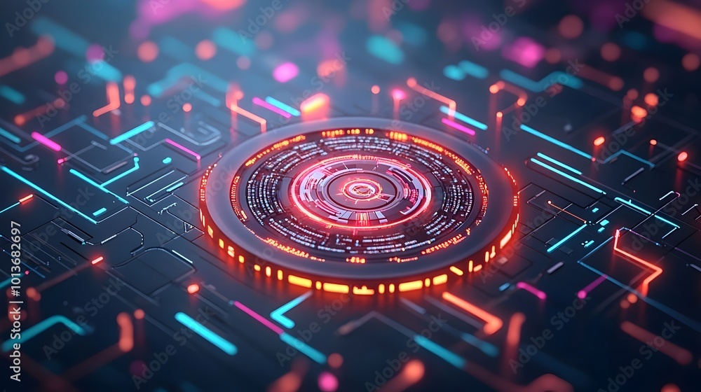 Poster Mesmerizing abstract digital background featuring an intricate network of interlocking geometric forms glowing polygonal patterns and a dynamic interplay of vibrant colors and illuminated lines