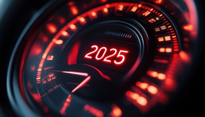 Close-up of a speedometer displaying high speed with glowing red details