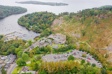 Aerial view of Balmaha Scottish village at Loch Lomond