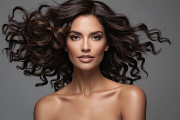 Naklejka premium Elegant Brunette Woman Portrait with Beautiful Curly Hair and Swaying Tresses in the Wind