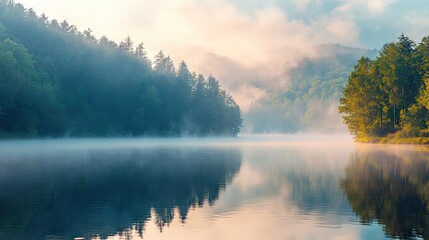 Fototapeta premium Serene landscape of a misty lake surrounded by lush green trees reflecting the early morning sun.