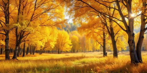 Fototapeta premium Autumn in the forest with yellow trees and grass , fall, foliage, nature, scenic, seasonal, outdoors, colorful, wilderness