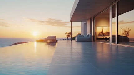 Stunning sunset view from a modern villa overlooking the ocean, featuring a luxurious infinity pool and relaxing outdoor seating.