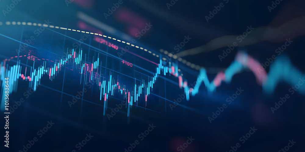 Poster abstract financial graph with uptrend line and bar chart of stock market on blue color background