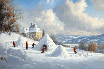 A snowy landscape with children building snow forts. 