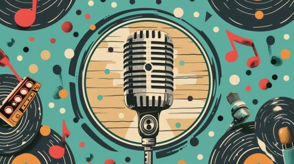 Vintage microphone with vinyl records and music notes on teal background