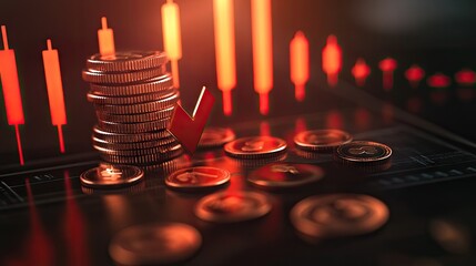 Close-up of falling coins symbolizing economic downturn, with a background of stock market candlestick graphs in warm tones.
