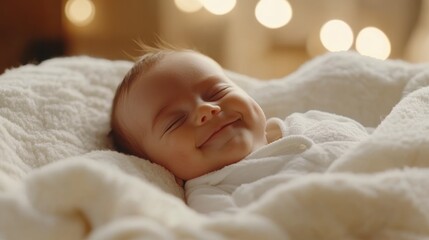 Happy Newborn Boy Wrapped in Soft White Blanket