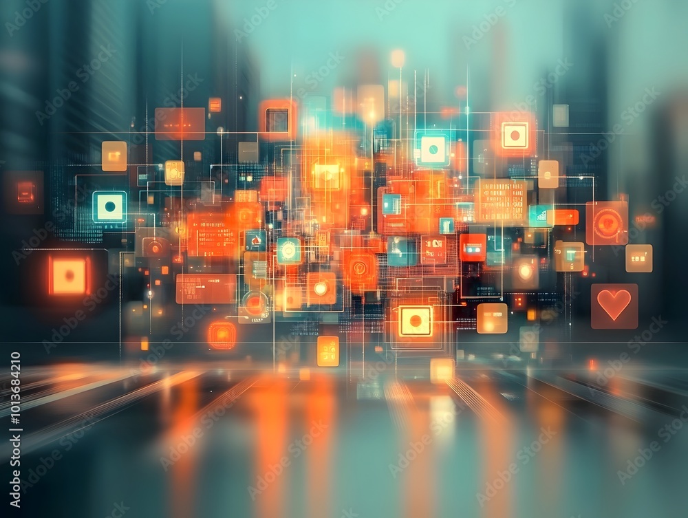 Poster intricate digital composition featuring transparent geometric planes overlapping data visualizations