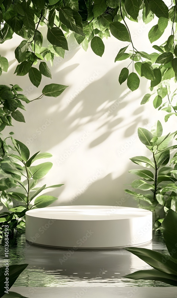Aufkleber 1. a minimalist podium stage design featuring a blank display area surrounded by lush green tree lea