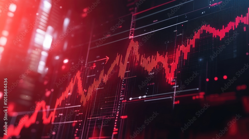Poster an abstract digital stock market graph in red tones, depicting fluctuating trends and data points.