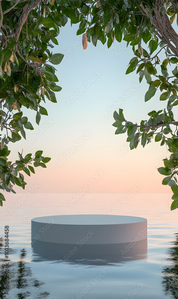 Poster 2. a serene mockup of a product display stage with a simple blank podium, framed by vibrant nature e