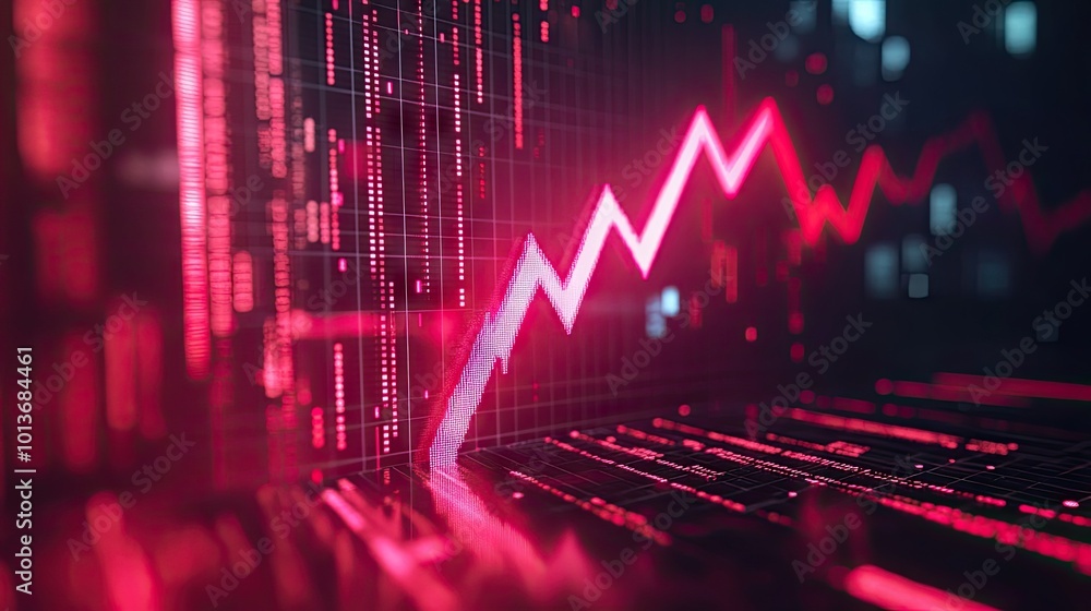 Poster a dynamic red upward trendline on a digital graph representing financial growth and data analysis.