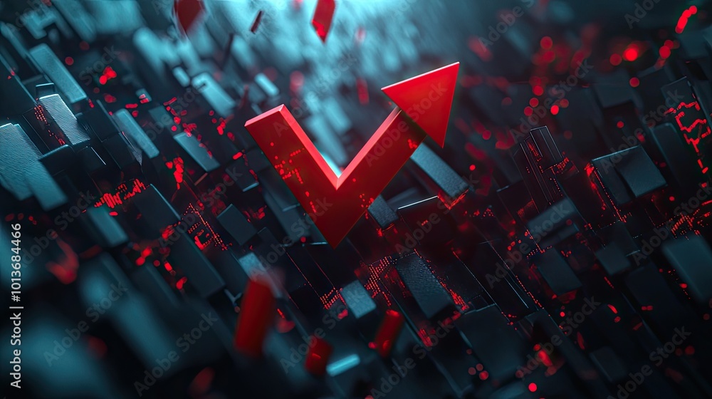 Aufkleber a dynamic red upward arrow signifies growth over a backdrop of dark, fragmented shapes, symbolizing 
